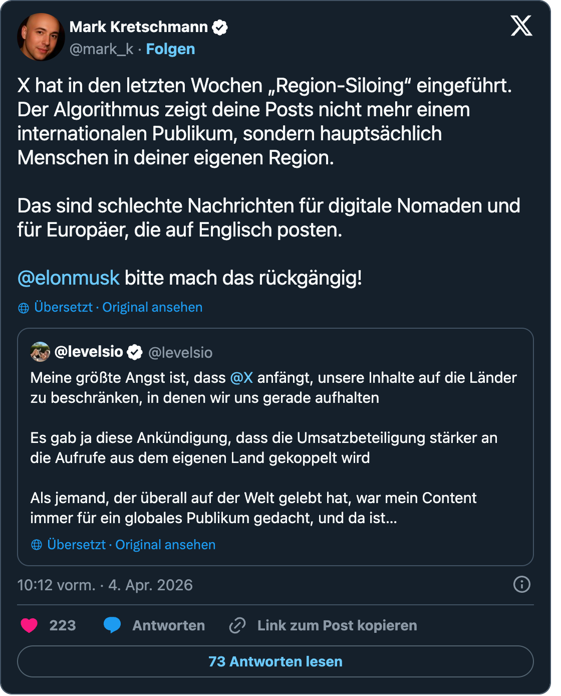 Post de Mark Kretschmann : X has implemented "region siloing" over the past few weeks. The algorithm no longer shows your posts to an international audience, but mainly to people in your own region. This is bad news for digital nomads and for Europeans who post in English. — citant @levelsio : My worst fear is @X will start to lock our content to the countries we are staying in.
