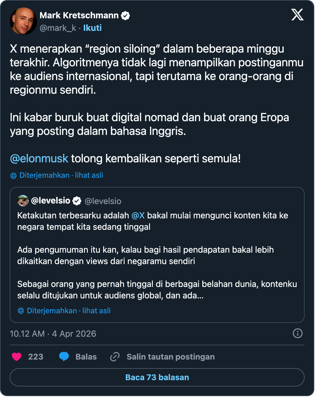 Post de Mark Kretschmann : X has implemented "region siloing" over the past few weeks. The algorithm no longer shows your posts to an international audience, but mainly to people in your own region. This is bad news for digital nomads and for Europeans who post in English. — citant @levelsio : My worst fear is @X will start to lock our content to the countries we are staying in.