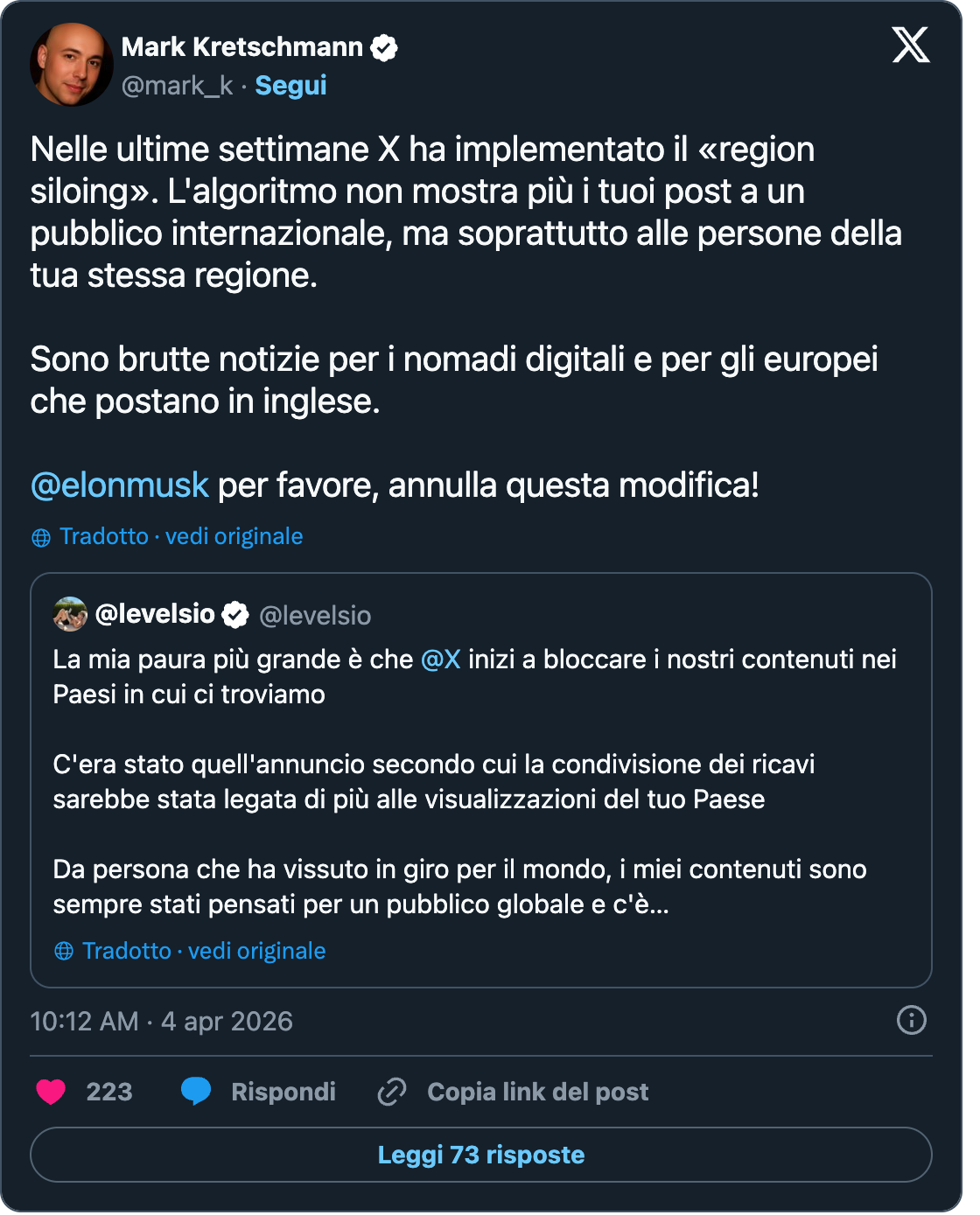 Post de Mark Kretschmann : X has implemented "region siloing" over the past few weeks. The algorithm no longer shows your posts to an international audience, but mainly to people in your own region. This is bad news for digital nomads and for Europeans who post in English. — citant @levelsio : My worst fear is @X will start to lock our content to the countries we are staying in.