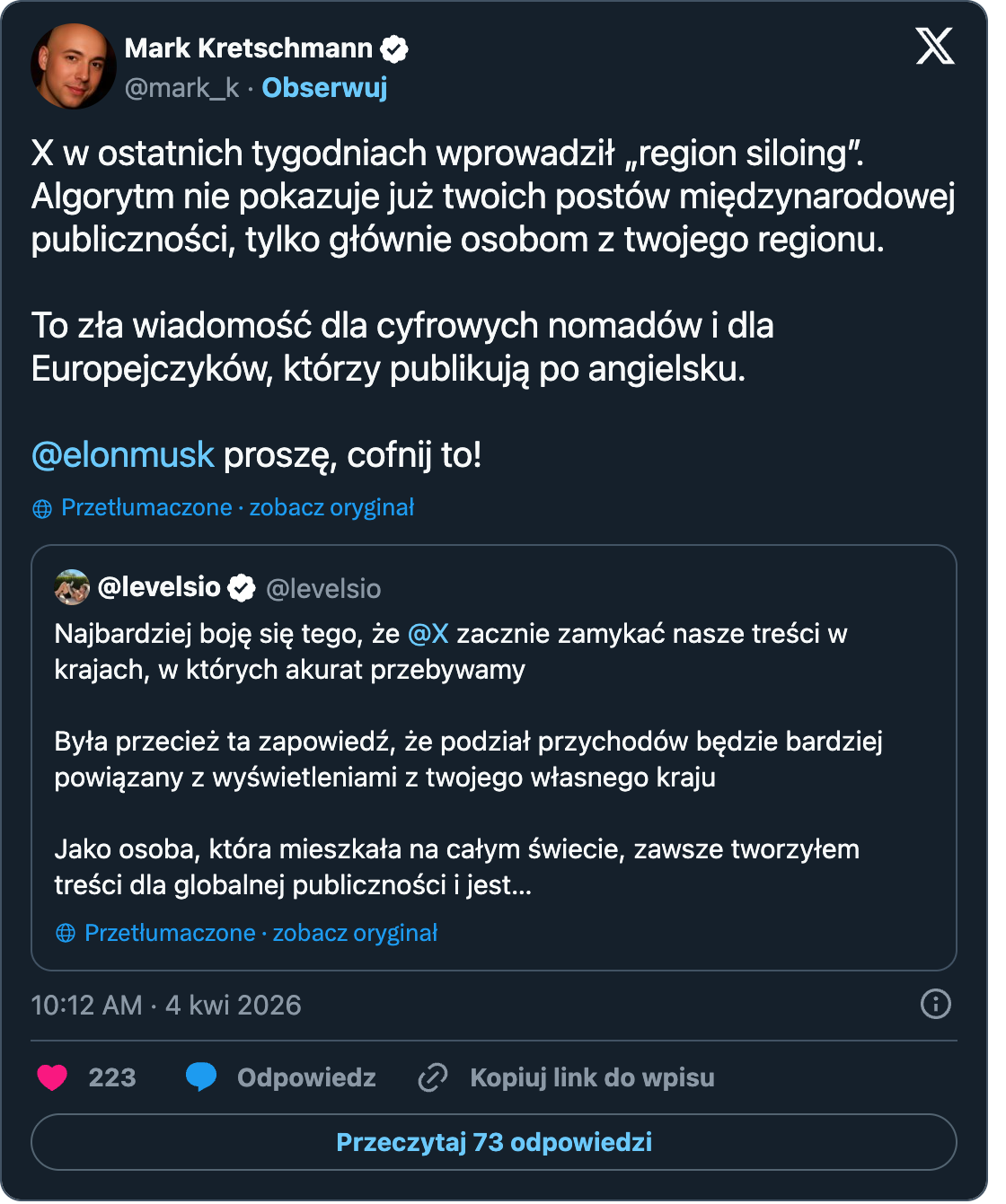 Post de Mark Kretschmann : X has implemented "region siloing" over the past few weeks. The algorithm no longer shows your posts to an international audience, but mainly to people in your own region. This is bad news for digital nomads and for Europeans who post in English. — citant @levelsio : My worst fear is @X will start to lock our content to the countries we are staying in.