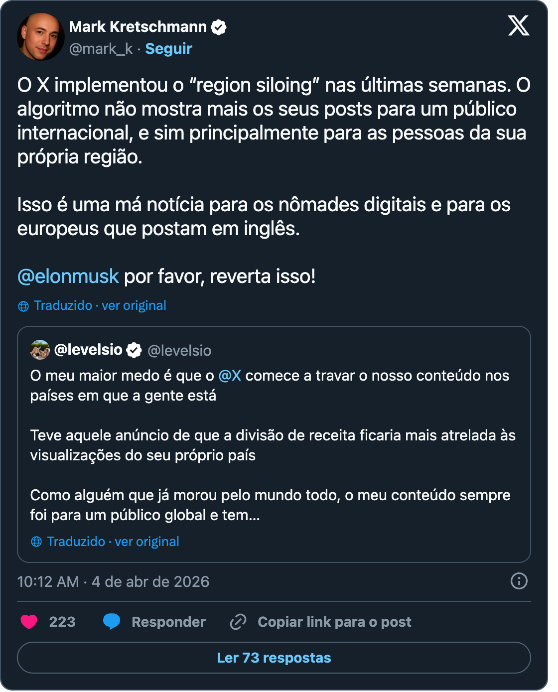 Post de Mark Kretschmann : X has implemented "region siloing" over the past few weeks. The algorithm no longer shows your posts to an international audience, but mainly to people in your own region. This is bad news for digital nomads and for Europeans who post in English. — citant @levelsio : My worst fear is @X will start to lock our content to the countries we are staying in.