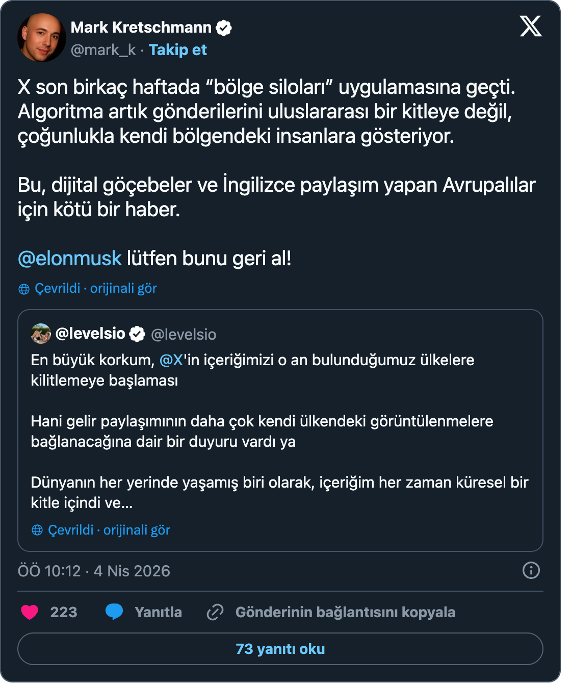 Post de Mark Kretschmann : X has implemented "region siloing" over the past few weeks. The algorithm no longer shows your posts to an international audience, but mainly to people in your own region. This is bad news for digital nomads and for Europeans who post in English. — citant @levelsio : My worst fear is @X will start to lock our content to the countries we are staying in.